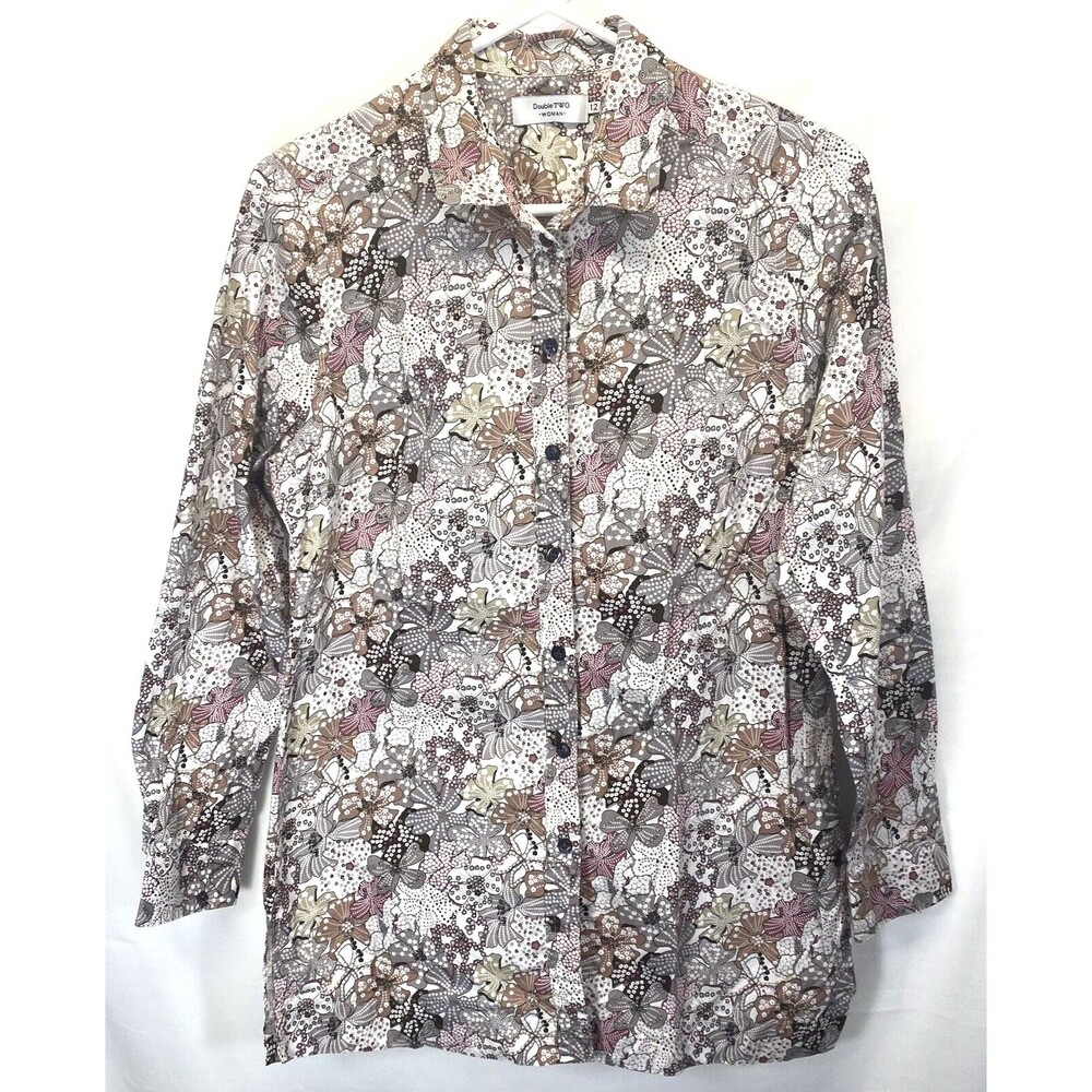 Double TWO Womens Size UK 12 US 8 Button Up Long Sleeve Floral 100% Cotton Shirt